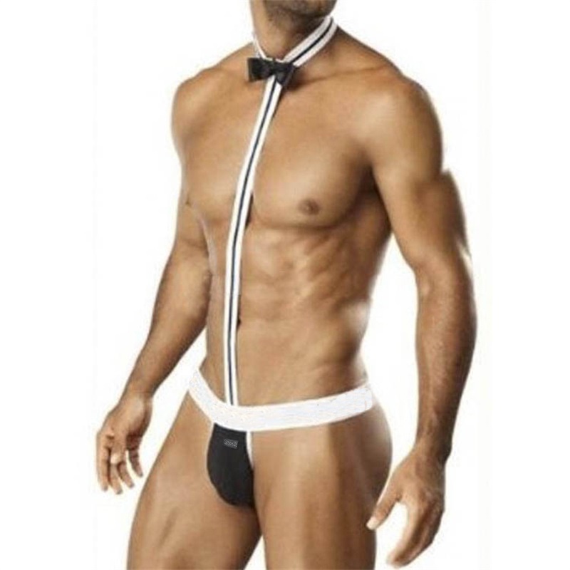 CLEVER-MENMODE Hot Sexy Male Underwear G String Homme Men's Sexy Bodysuit Bow Tie Waiter One Piece L