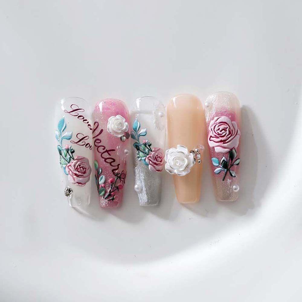 MXBEAUTY Bunga Stiker Kuku Fashion Perekat Diri Daun Cinta Hati Pink Huruf Dekorasi Nail Art