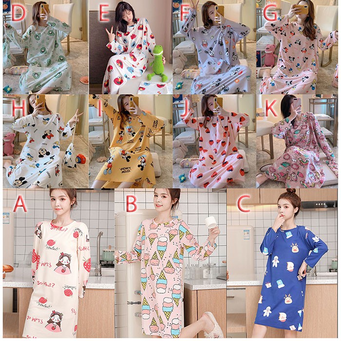 Baju Tidur Wanita Daster Terusan Lengan Panjang Katun Sexy Sleepwear