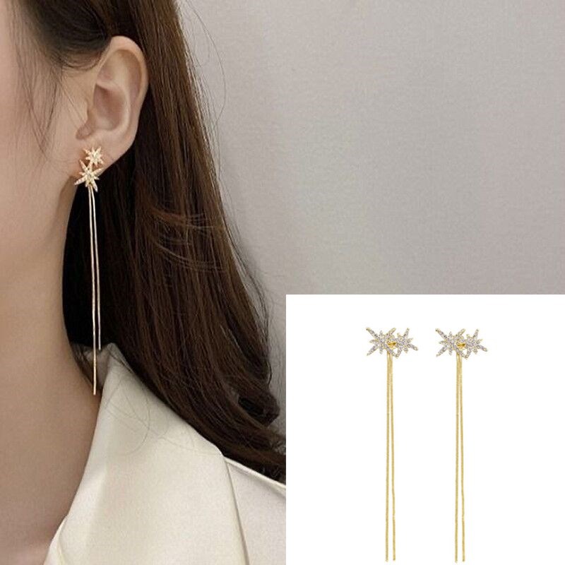 Jarum Perak925 Satu Jarum Dua Memakai Anting Rumbai Panjang Unik All-Match Double Eight-Pointed Star Earrings Influencer Face @