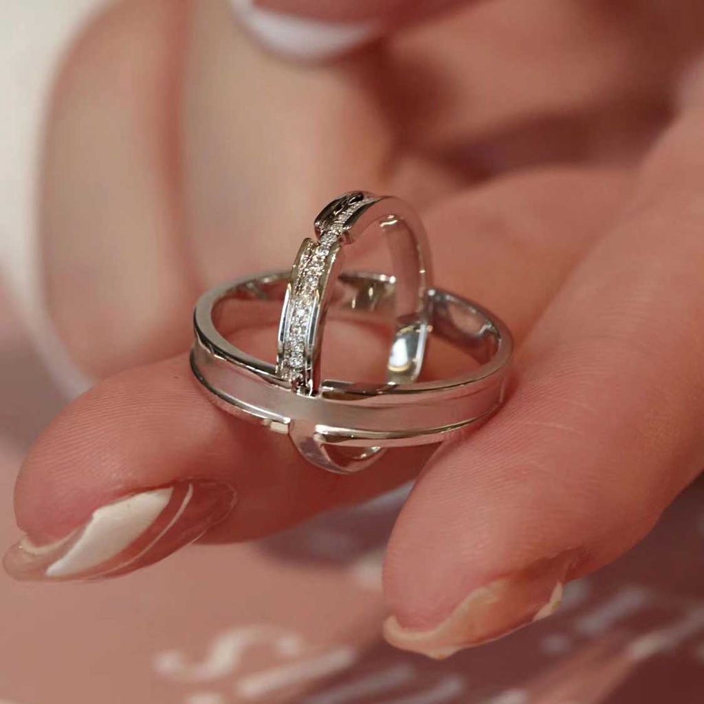 Korea Sederhana Elegan Zirkon Pecinta Pria Wanita Fashion Perhiasan Perak Baja Titanium Pernikahan Pertunangan Pasangan Rings Adjustable Size