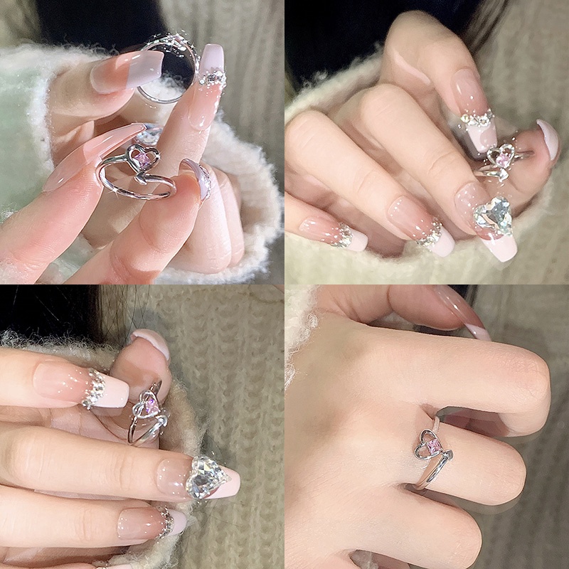 Cincin Berlian Imitasi Hati Bahan Alloy Fashion Untuk Wanita