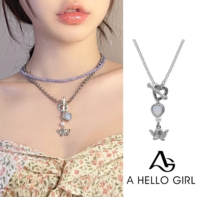 Kalung Rantai Dengan Liontin Bentuk Hati Malaikat Gaya Retro Korea Untuk Wanita