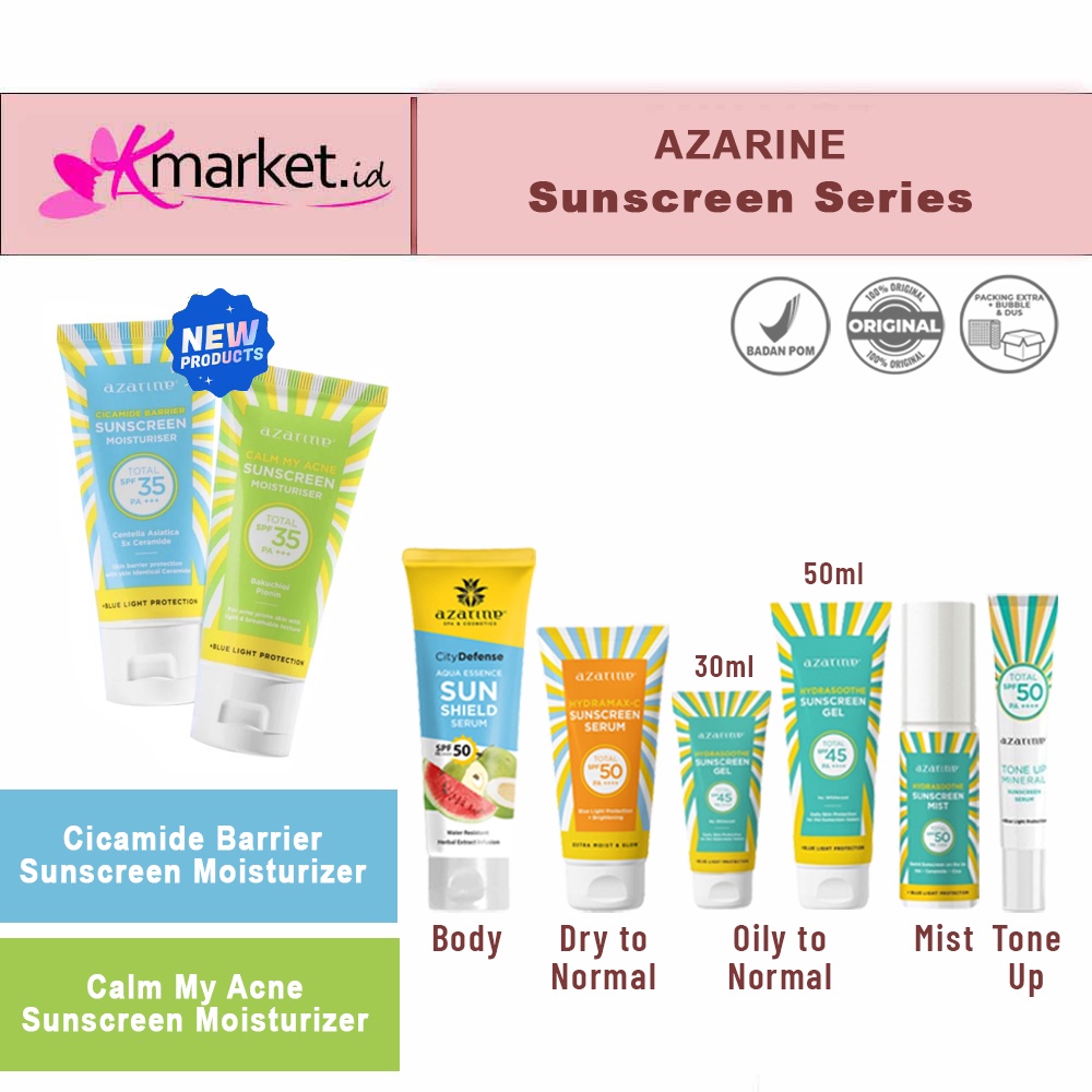 Azarine Suncreen Series | Hydramax C Sunscreen |  Hydrasoothe Sunscreen Gel | City Defense Aqua Essence Sun Shield Serum | Tone Up Mineral Sunscreen Serum | Hydrasoothe Sunscreen Mist