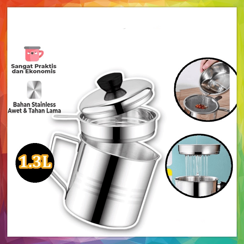 OIL POT FILTER 1300ML SARINGAN STAINLESS MINYAK GORENG SISA WADAH JELANTAH TEMPAT MINYAK SARINGAN 1.3LITER