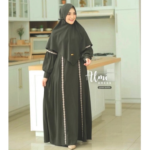 Almy Set Gamis Hari Raya Lebaran Hijau Botol Jumbo Kasual Kekinian LD 120 130 140 2XL 3XL 4XL Terbar