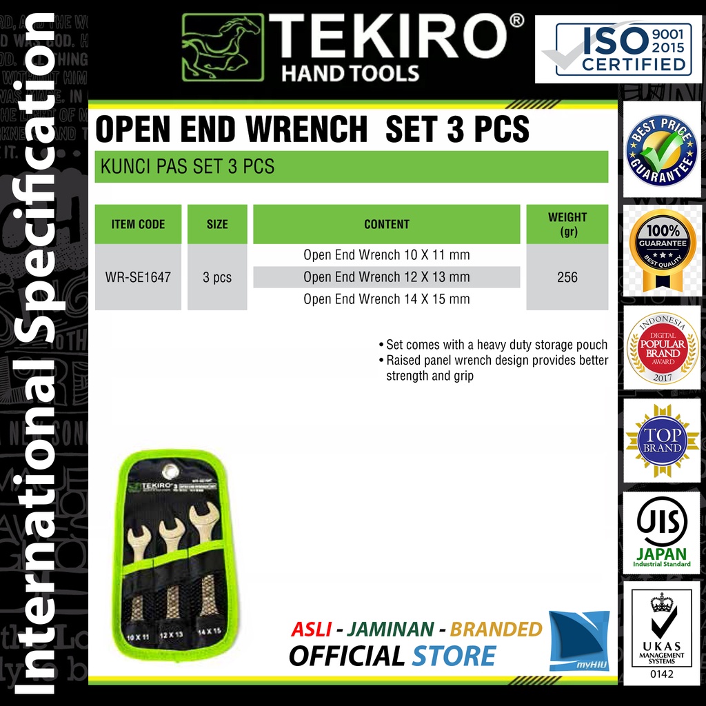 Kunci Pas Isi 3 pcs 10 ~ 15 mm / Open Ended Wrench Spanner Metric Set TEKIRO