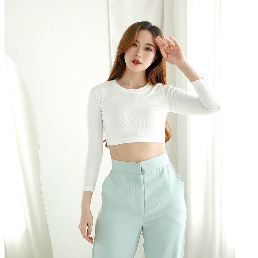 CAVALU Korean Knit Longsleeve Crop Top Lengan Panjang Rajut Kaos 175