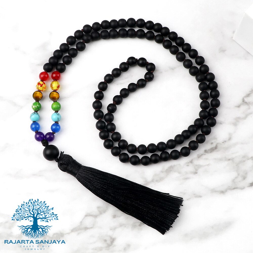 Japamala Natural Black Agate Matte 108 Mala 7 Chakra Beads Necklace Reiki 6mm