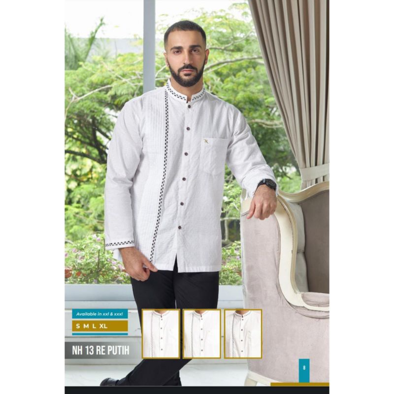 Baju Koko Pria Takwa Nizar bordir katun premium putih lengan panjang / NH 13 RE putih