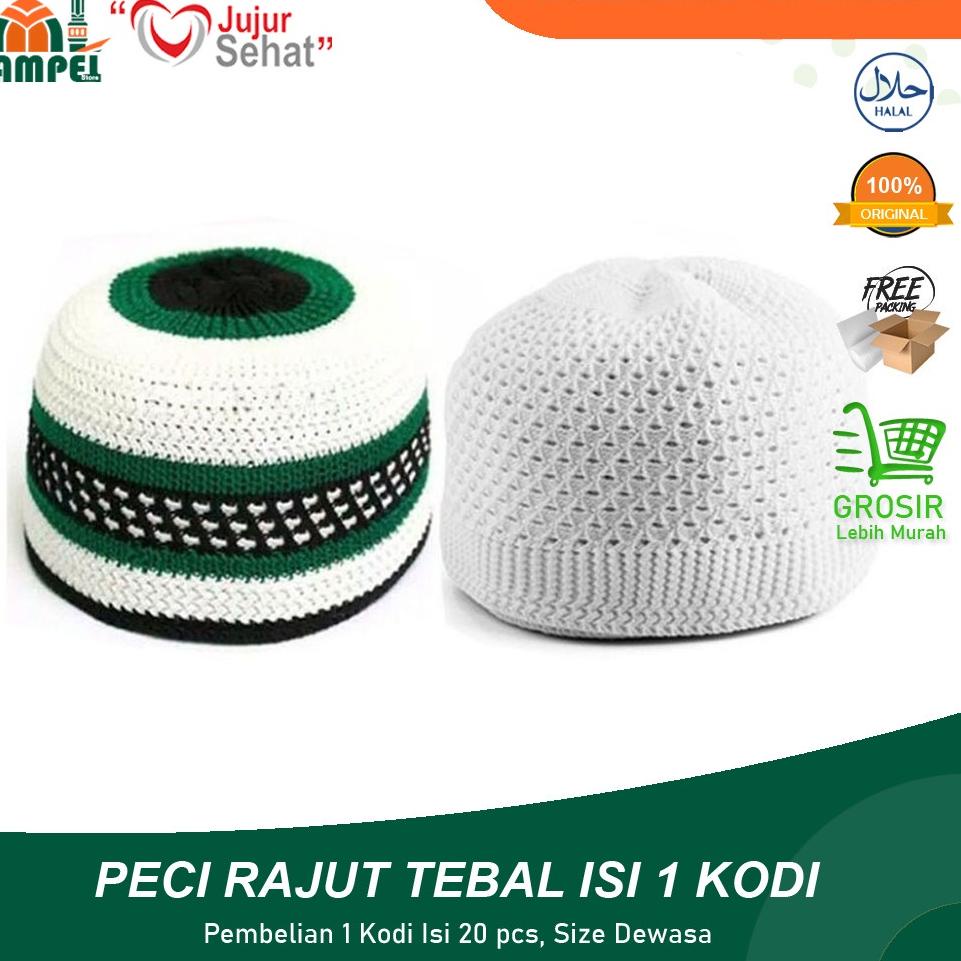 1 KODI (20pcs) Peci Kopiah Rajut Tebal Warna Putih Dan Motif Untuk Oleh Haji Umroh Lentur Size Dewas