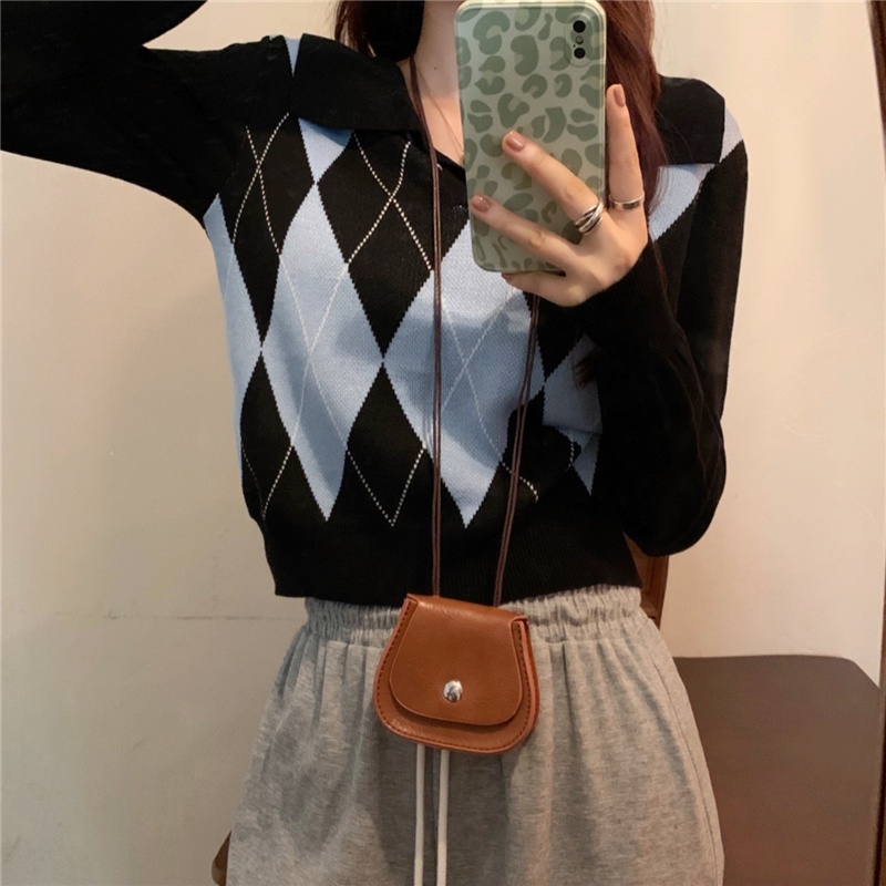 sweater rajut belah ketupat retro korea longgar wanita