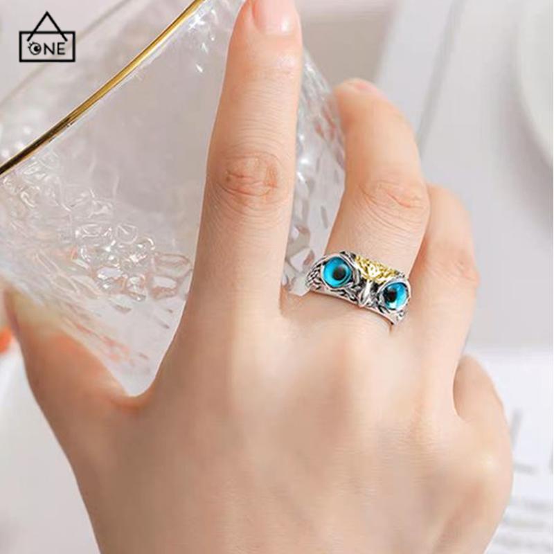 COD❤️Cincin Retro Mata Burung Hantu Kepribadian Warna Aksesoris Cincin yang Dapat Disesuaikan-A.one