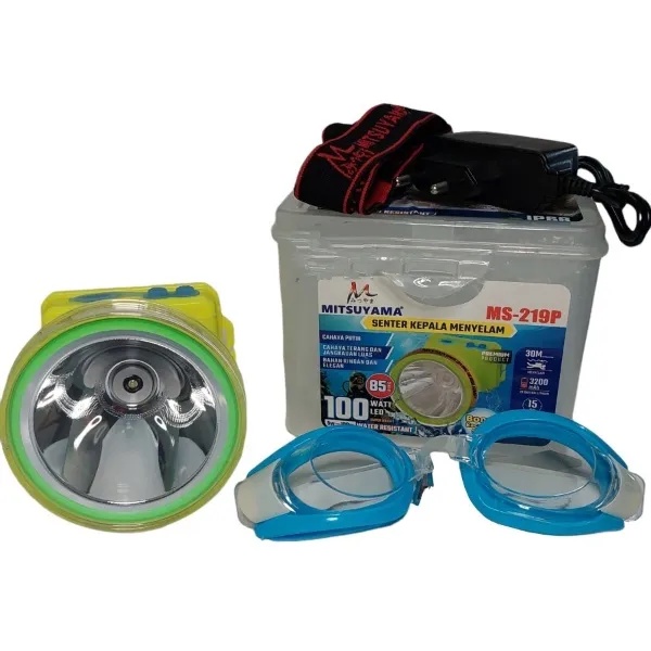 Senter Kepala Selam Diving 100 WATT  MS-219 K MS 219 P CAHAYA KUNING DAN PUTIH Headlamp WATER PROFF anti AIR 3 MODE rechargeable free Gratis Kacamata Renang ( COD )