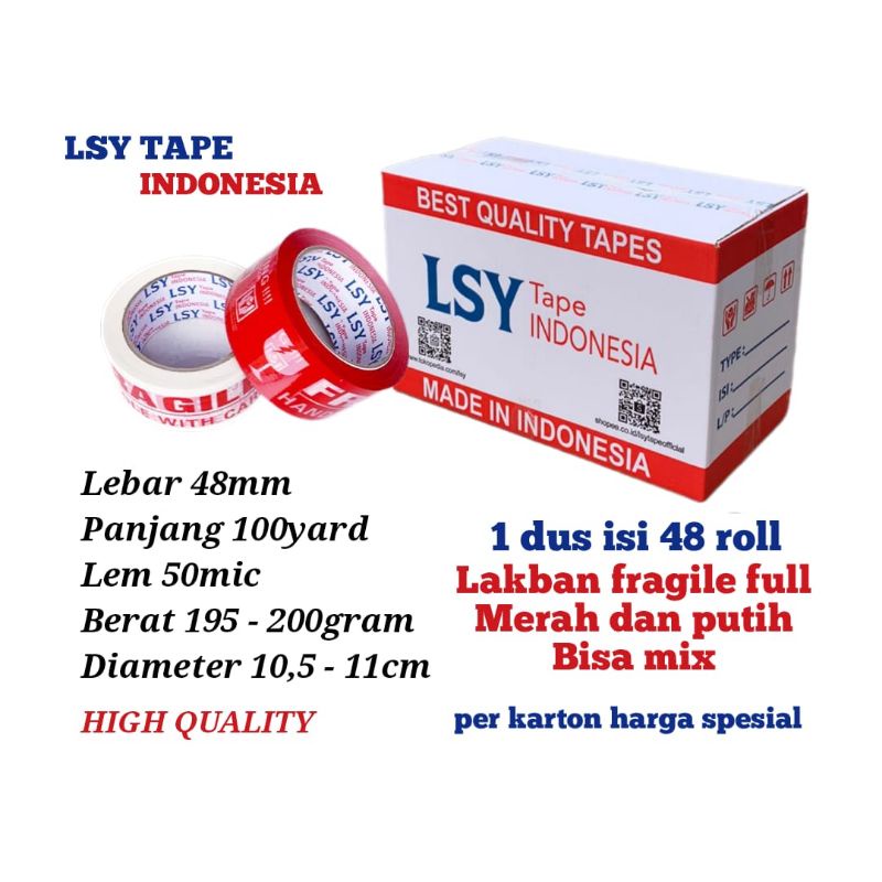 

lakban fragile full merah & putih 100yard 1 dus isi 48 roll LSY TAPE INDONESIA ( CBM )