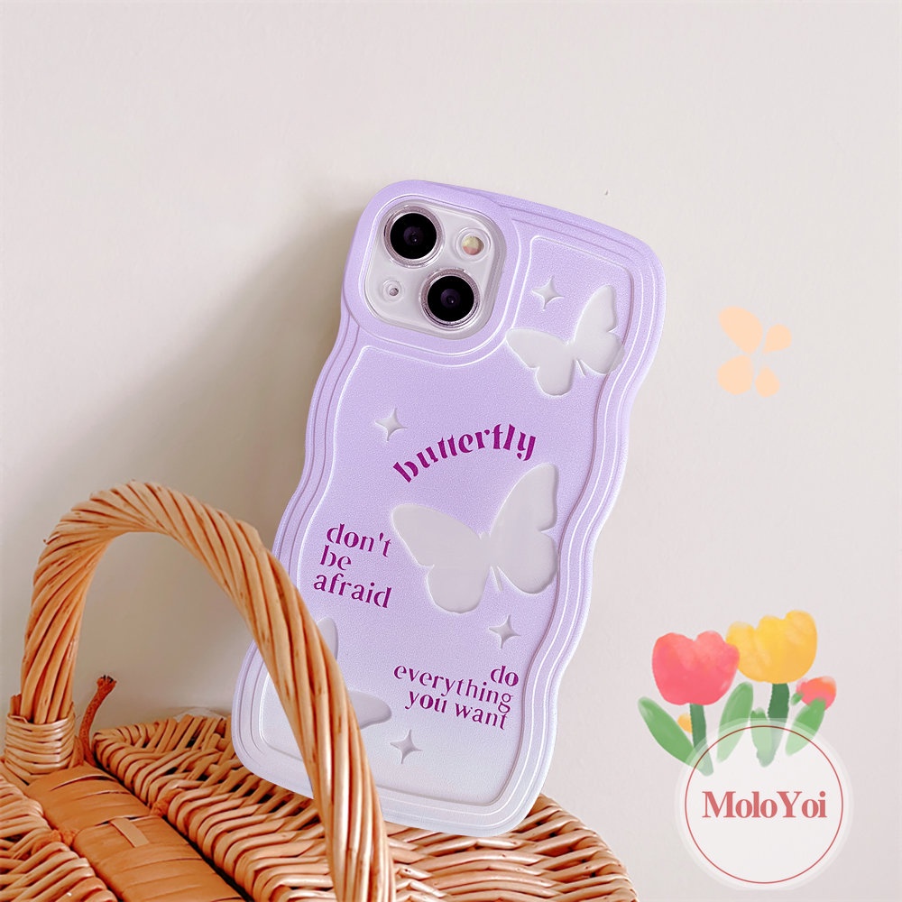 IPHONE Casing Ponsel Kompatibel Untuk Iphone11 14 13 12 Pro Max 6 6s 8 7 Plus XR X XS Max SE 2020 14 Plus Gradasi Ungu Fantastis Kupu-Kupu Tepi Bergelombang Lembut TPU Cover