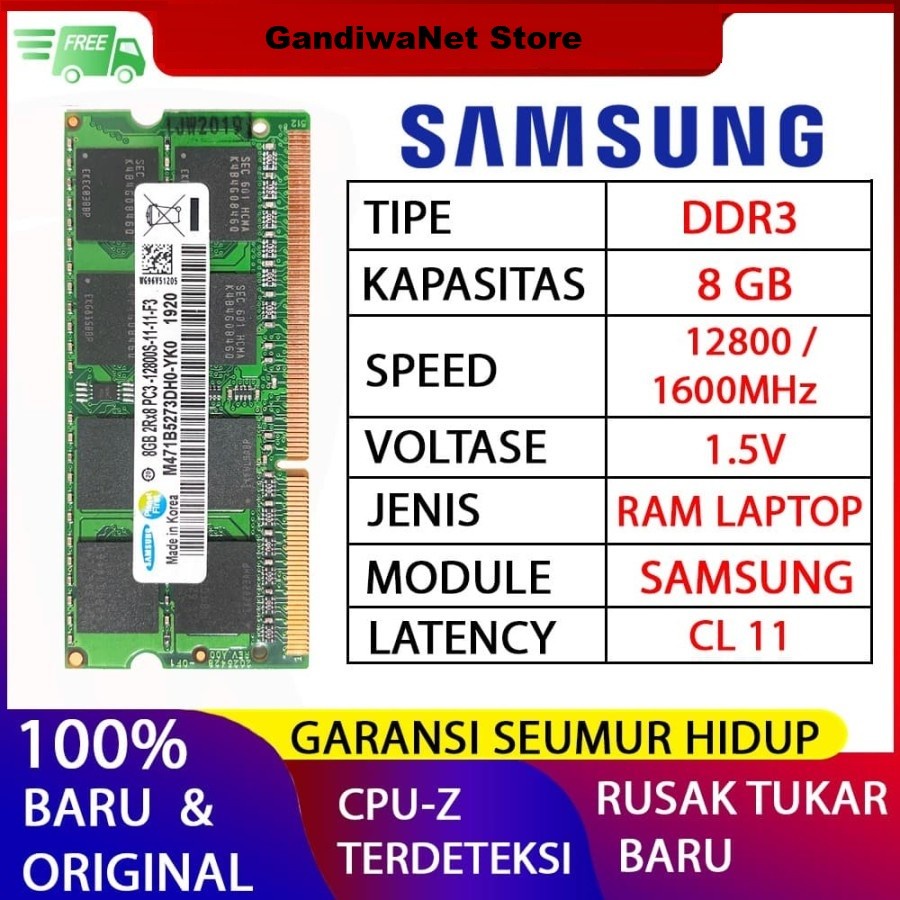 RAM LAPTOP SAMSUNG DDR3 8GB 12800/1600MHz RAM DDR3 8GB CHIP ORI