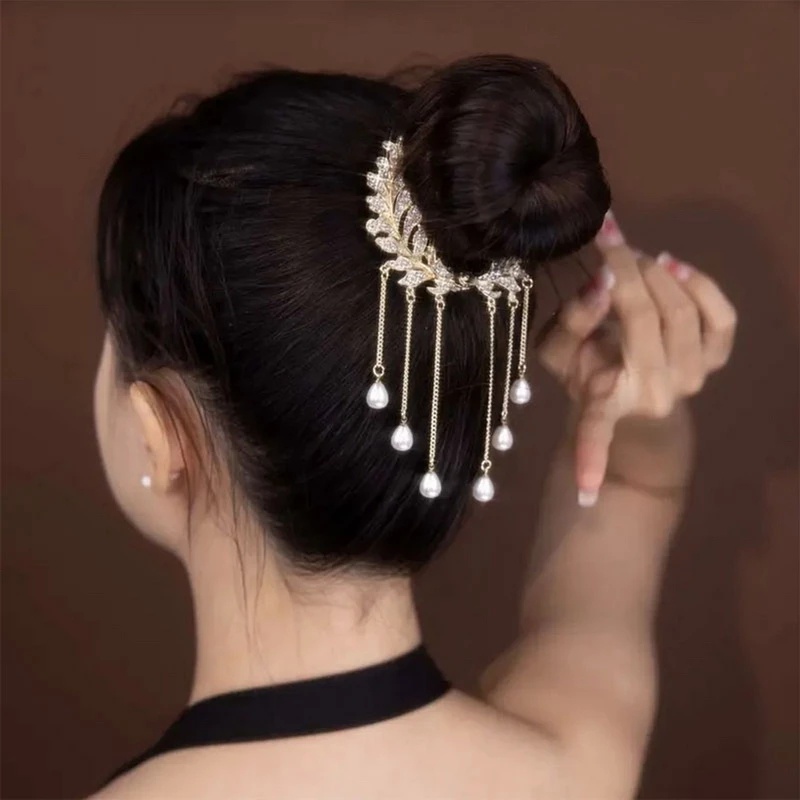 Mewah Berlian Imitasi Mengkilap Rumbai Ponytail Clip Hair Clip Vintage Pearl Hair Clip Bridal Hiasan Kepala Hiasan Rambut