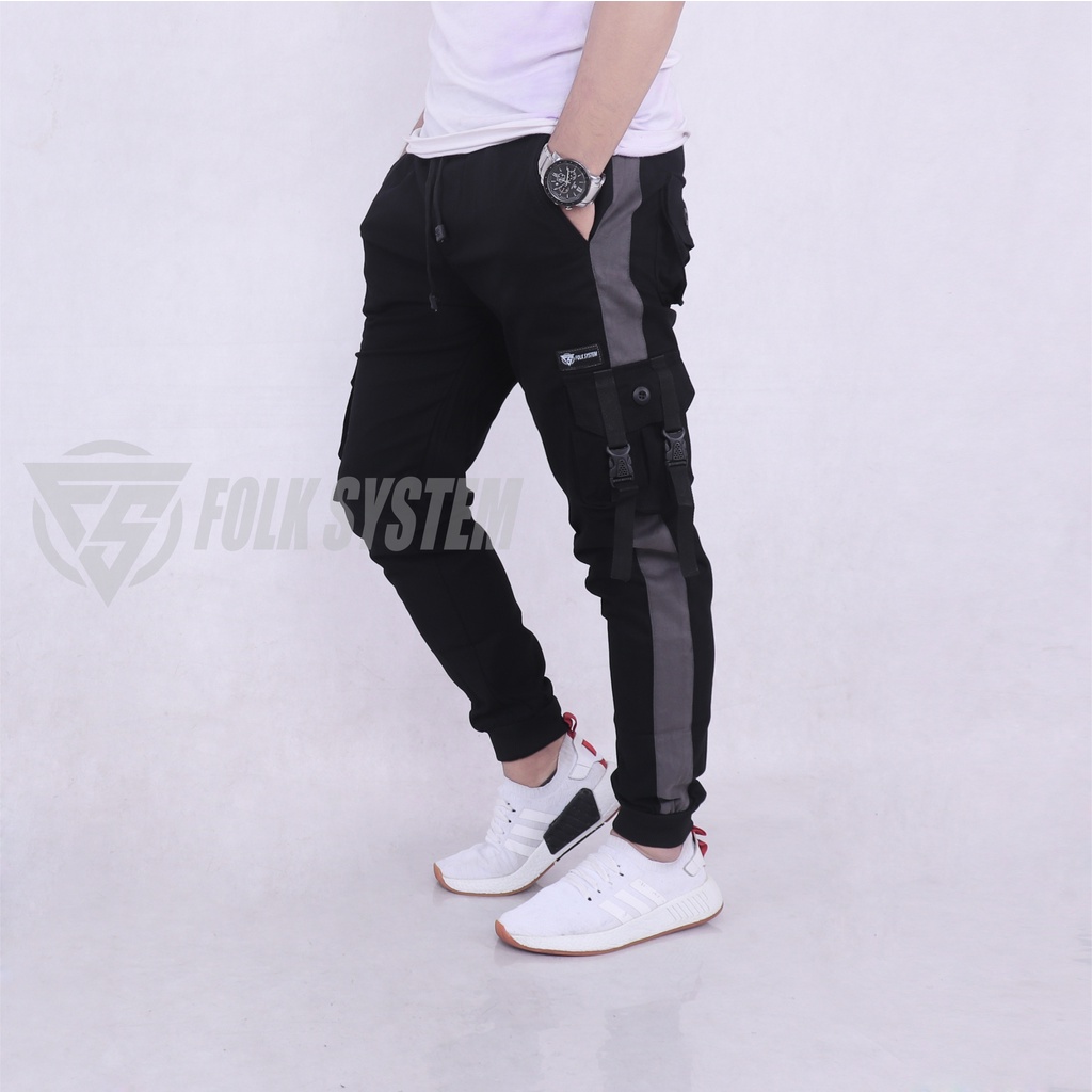 Celana Panjang Chino Jogger Cargo Pria strip original Folksystem