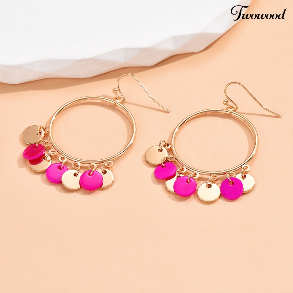 Twowood 1pasang Anting Kait Berlebihan Cincin Besar Kepribadian Geometris Hadiah Emas Alloy Bicolor Bulat Liontin Drop Earrings Fashion Perhiasan