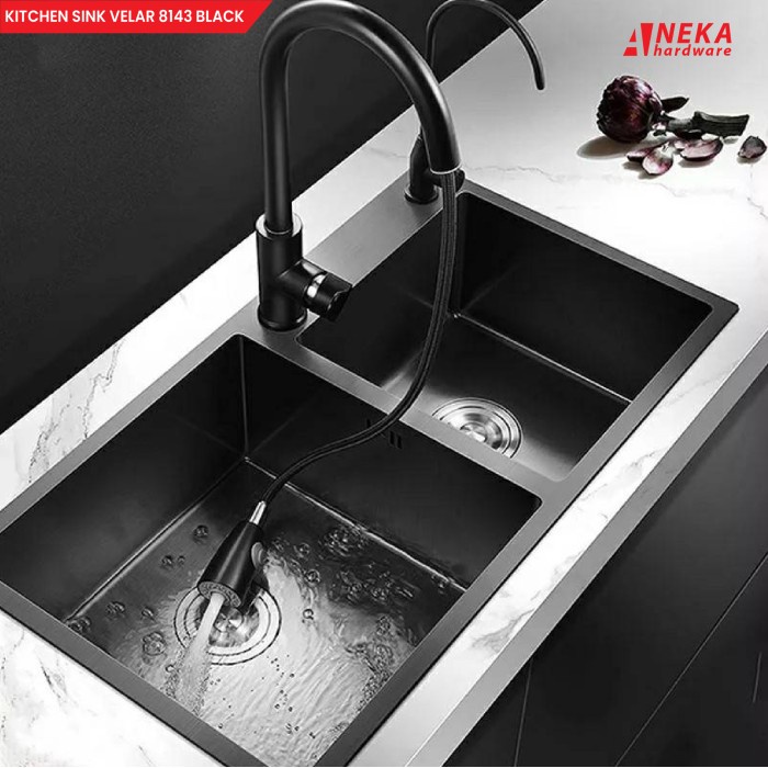 Terlaris Kitchen Sink Velar 8143 Black 2 Bowl / Bak Cuci Piring Paket Hitam