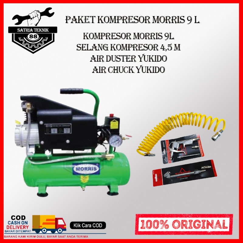 PROMO TERMURAH !!! PAKET LENGKAP (4 ITEM) TUKANG CAT /BENGKEL Mesin Kompresor Listrik Moris 9 Liter