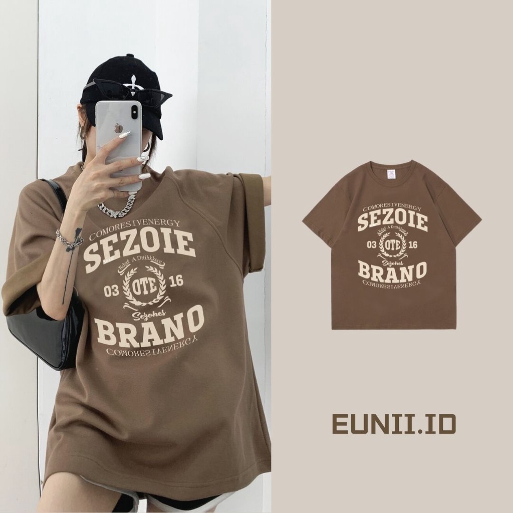 EUNII Brown T-shirt Lengan Pendek Retro English Design Printing Korean Style/Kaos Atasan Wanita/Baju Kaus Oversize Wanita/Kaos Wanita