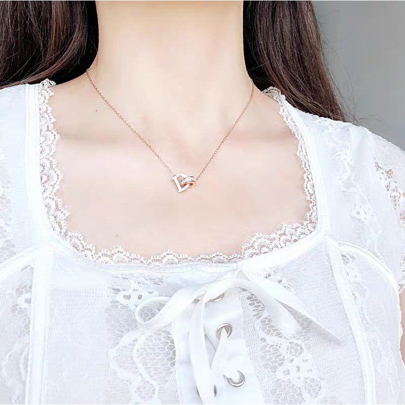 Kalung Cincin Berlian | Kalung Rantai Dengan Liontin Cincin Ganda Motif Tulisan Untuk Wanita | Aksesoris Bahan Stainless Steel 18 Warna Rose Gold Untuk Wanita