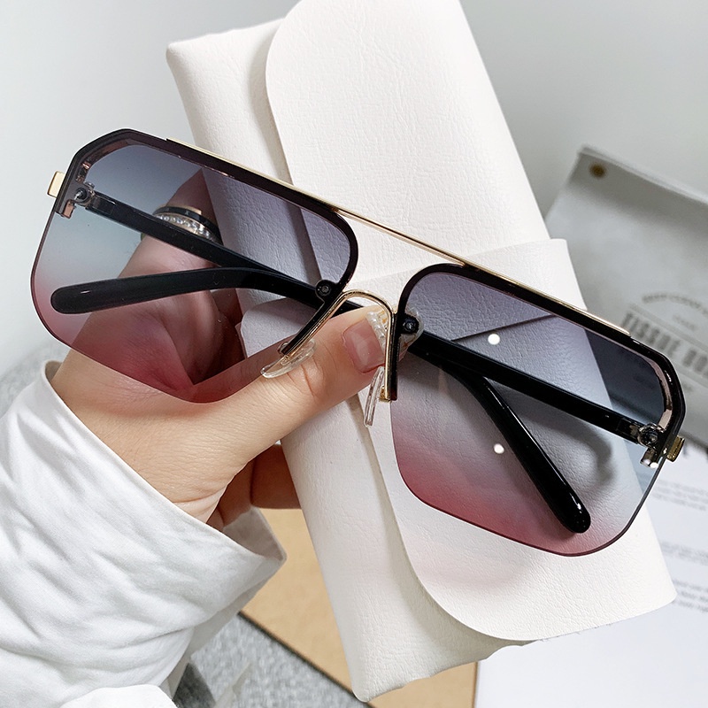 Double Beam Square Sunglasses Half Rimmed Sunglasses Kacamata Hitam Mengemudi Eropa Dan Amerika Untuk Pria Dan Wanita