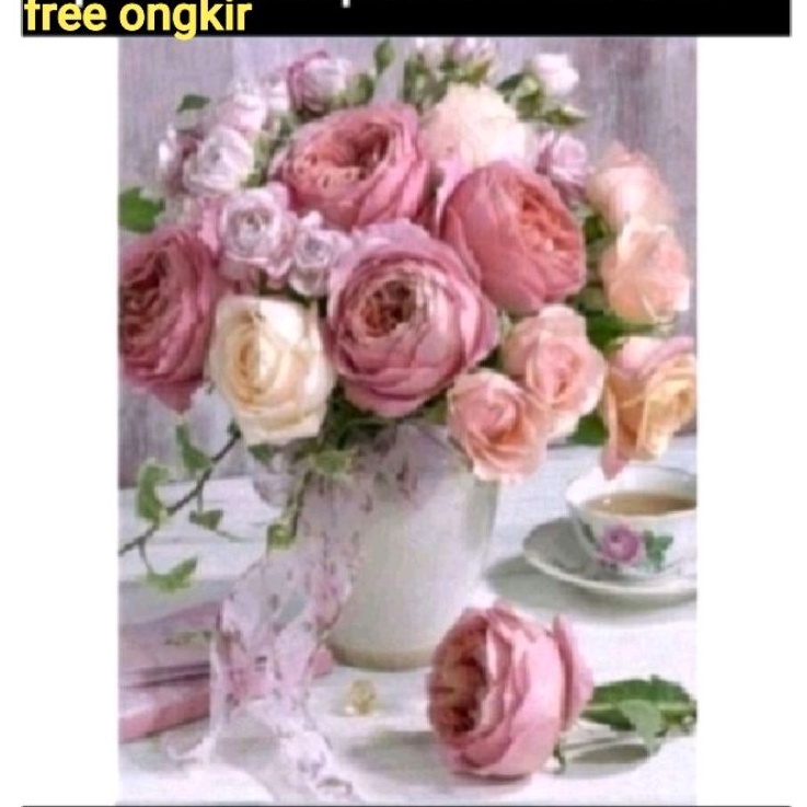 paket kristik bunga mawar pink rose vase tea cup sulaman cross stitch 14ct full dmc embroidery sulam