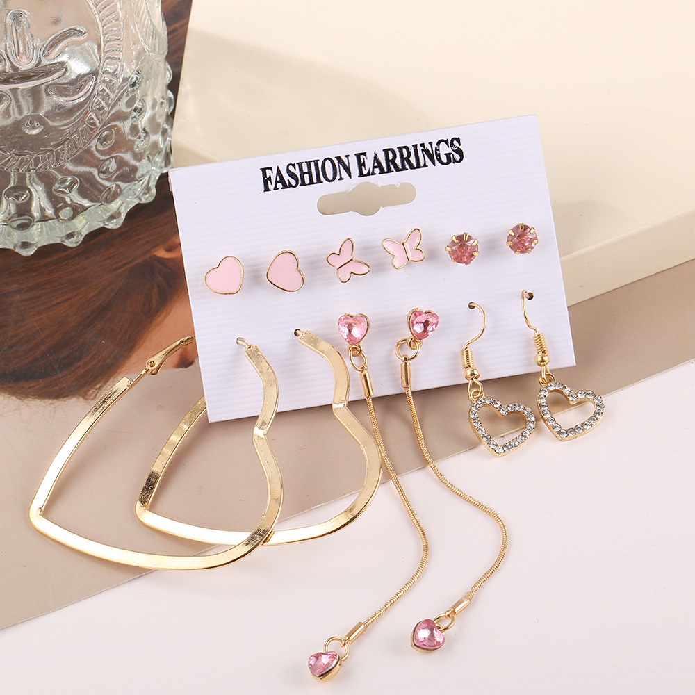 Lucu Merah Muda Kupu-Kupu Stud Anting Set Untuk Wanita Besar Berongga Hati Panjang Rumbai Drop Earring Perhiasan Harian Memakai Hadiah