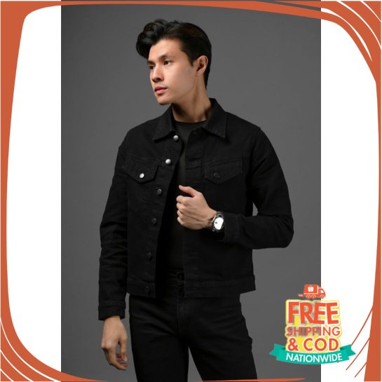 JAKET JEANS NEW BREND DENIM UNISEX/ Denim Slim Fit Jacket Black by heymale.id