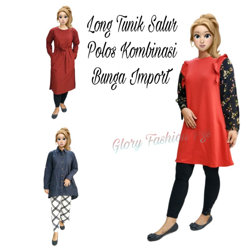 TUNIK KAOS REMAJA WANITA MOTIF SALUR KOMBINASI BUNGA IMPORT