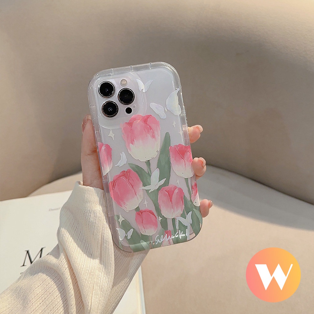 IPHONE Segar Musim Semi Bunga Tulip Bening Case Kompatibel Untuk Iphone13 11 14 12 Pro Max X7 8 6 6s Plus XR XS Max SE 2020 Fashion Kupu-Kupu Lembut TPU Airbag Shockproof Back Cover