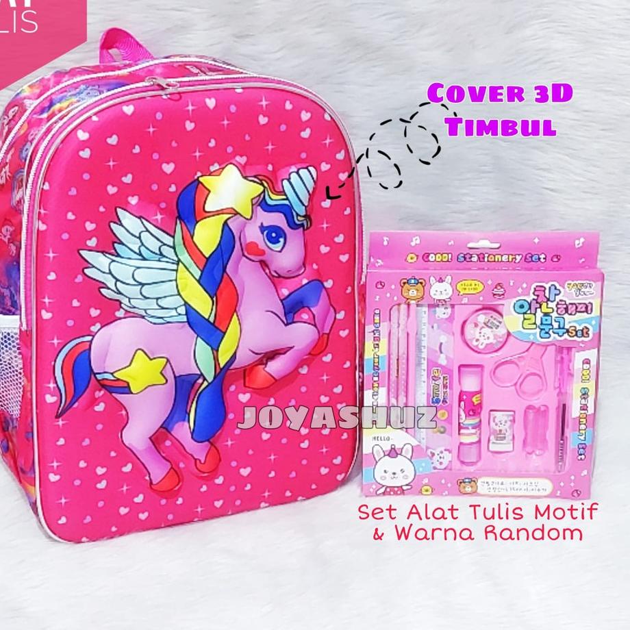 ➯ Tas Sekolah Anak Unicorn 3 Dimensi Gratis Set Alat Tulis / Ransel Unicorn / Tas Karakter Anak ➨