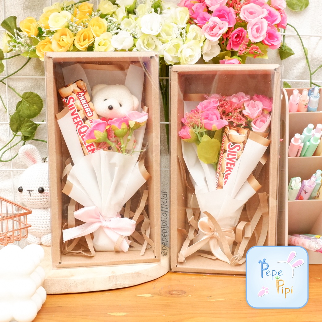 Buket bunga coklat dan boneka beruang FREE CARD box hadiah sweet flower box / mini bouquet buket bunga kado wisuda kelulusan perpisahan ultah wedding anniversary valentine day Ulang tahun Hampers