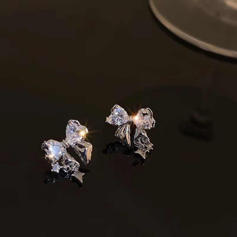 Fashion Cinta Hati Zirkon Busur Anting Perak Pin Stud Earrings Fashion Trendi Earrings