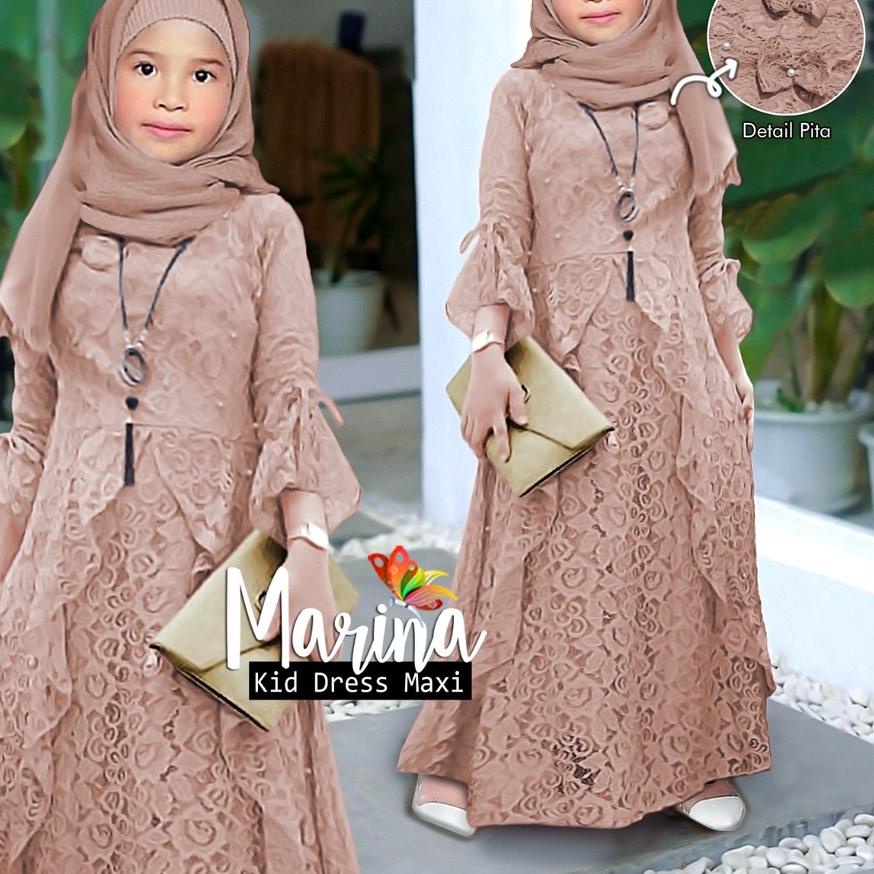 COD MAXY DRESS BROKAT IMPORT ANAK PEREMPUAN GAMIS MUSLIM BRUKAT KID MARINA AKSEN MUTIARA DAN PITA AN
