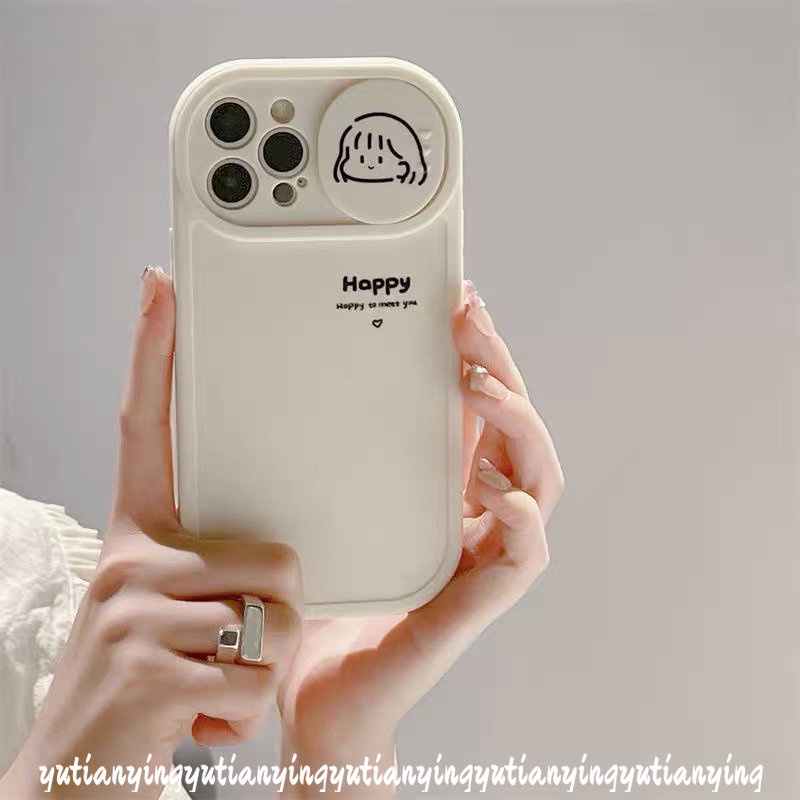 IPHONE Kartun Lucu Gadis Cowok Beruntung Happy Case Kompatibel Untuk Iphone11 12 13 Pro MAX XR 7plus 8plus 78 Plus X XS MAX Push Pull Window Pelindung Lensa Kamera Lembut TPU Pasangan Cover