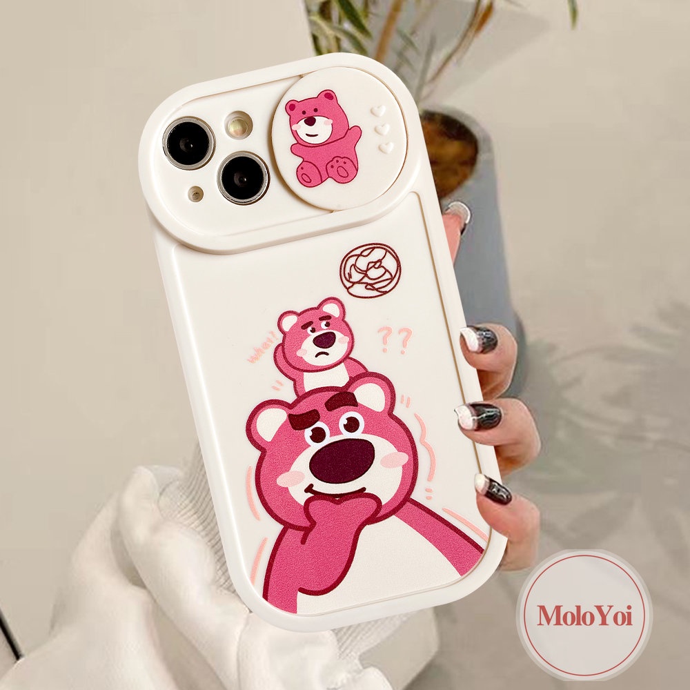 IPHONE Pasangan Case Kompatibel Untuk Iphone13 11 12 Pro MAX 7plus 7 8 Plus XR X XS MAX Kartun Strawberry Bear Manyo Winnie the Pooh Tarik Jendela Kamera Perlindungan Soft Cover