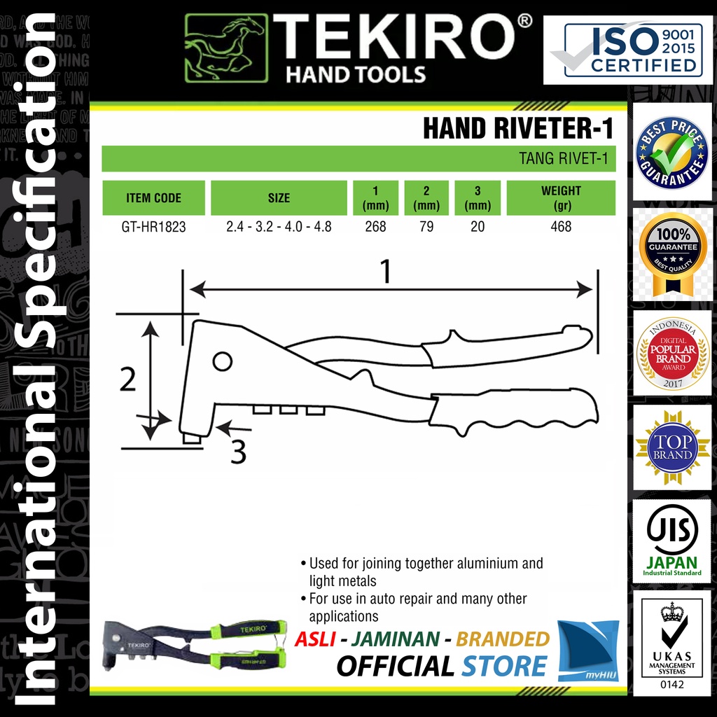 Tang Ripet Tembak 2.4 ~ 3.2 ~ 4.0 ~ 4.8 mm / Hand Rivet Riveter TEKIRO