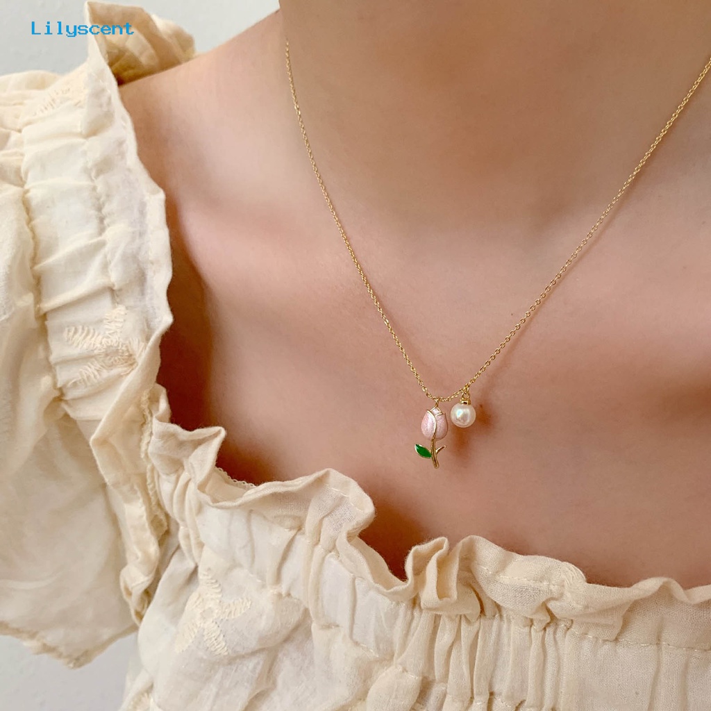 [LS] Kalung Rantai Manis Elegan Hadiah Anniversary Gaya Perancis Vintage Tulip Mutiara Imitasi Liontin Kalung Perhiasan Aksesori