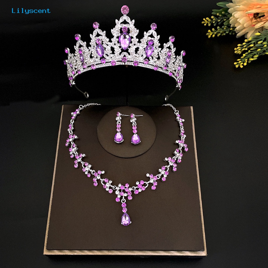 [LS] 3 Pcs/Set Pernikahan Mahkota Kristal Imitasi Electroplating Berlebihan Bentuk Geometris Shiny Dress Up Alloy Wedding Dress Bride Earrings Kalung Set Perhiasan Aksesori