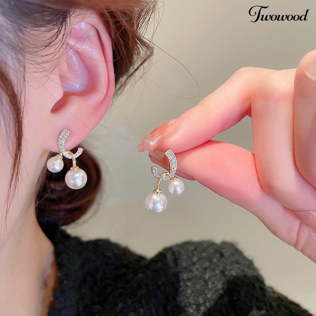 Twowood 1pasang Stud Earrings Dual Faux Pearls Dainty Golden Bling Berlian Imitasi Wanita Drop Earrings Fashion Perhiasan