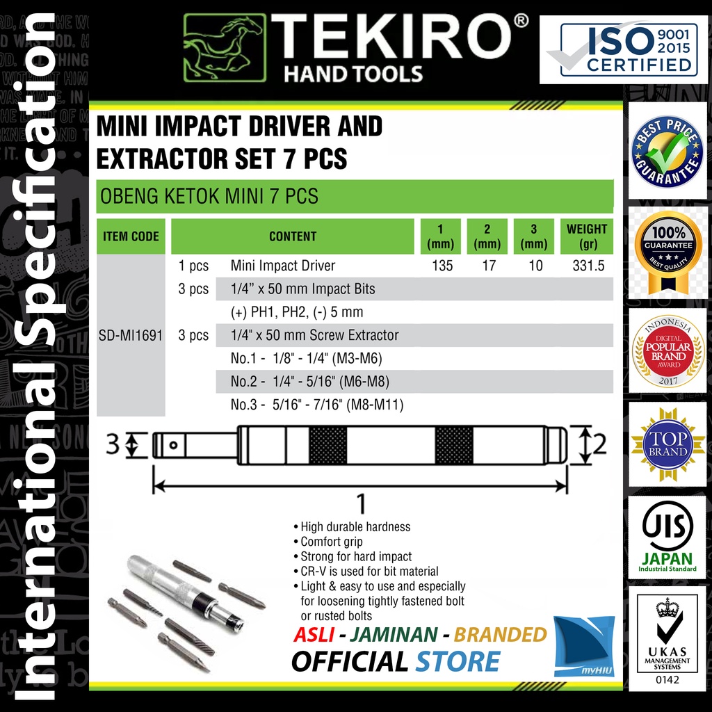 Obeng Ketok dan Pengeluar Baut Isi 7 pcs Praktis / Mini Impact Driver and Extractor Set TEKIRO