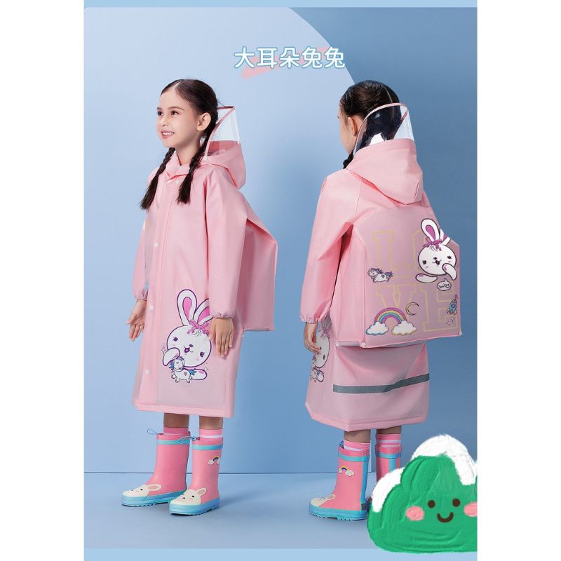 jas hujan anak perempuan motif pink rabbit dengan resleting topi pelindung