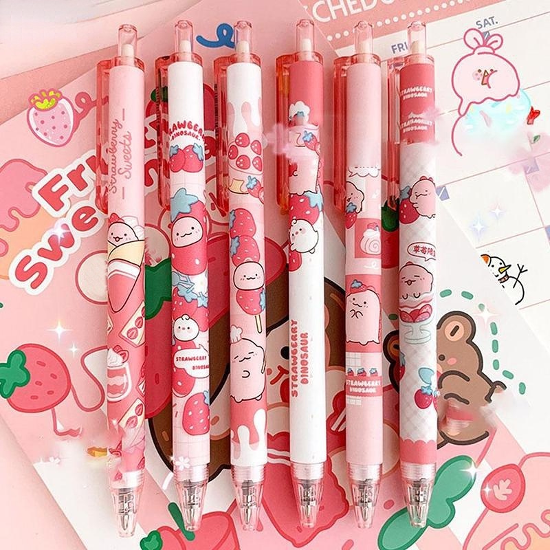 Kartun Lucu Cream Strawberry Pink Dinosaurus Kecil Pena Netral Hitam 0.5mm Tanda Tangan Siswa Pena Alat Tulis Kantor Push-Type Core Pena Menulis Hari Anak Hadiah