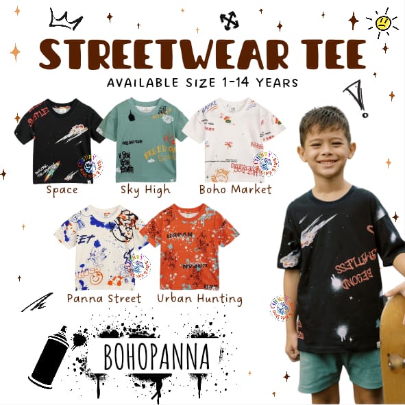 Bohopanna Streetwear Tee 1-14 Tahun Atasan Doodle / Tshirt Fashion Anak Laki Laki CBKS