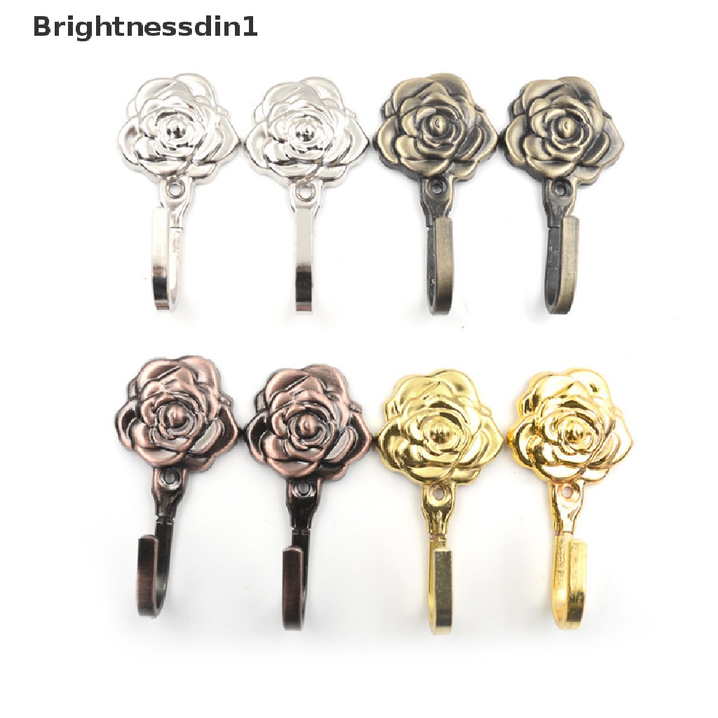 [Brightnessdin1] 2pcs/set New Rose Pattern Metal Curtain Hooks Rumah Dinding Pintu Dekoratif Kait Belakang Butik