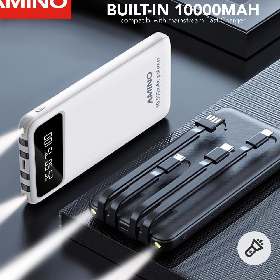 [KODE J563] AMINO P4 Powerbank 10000 mAh Power Bank 2A Built in Cable Fast Charging 4 Output 2 Input